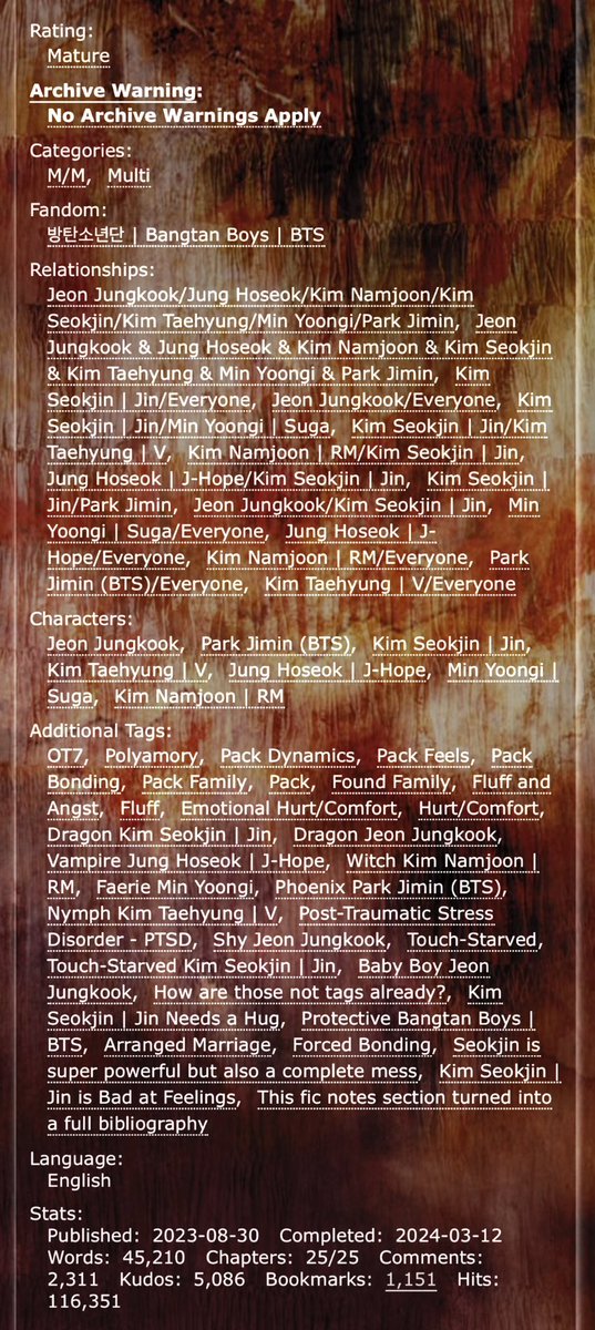 If the sky could dream, it would dream of dragons
= by AmoureusedeRimbaud
-------------------
• OT7
• Magical Fantasy AU
• Sj-centric + Found Family + Established OT6 + Pack Dynamics + Mythical Beings + Fluff + Angst + Hurt/Comfort + Insecurity 
• 45k

archiveofourown.org/works/49728436…