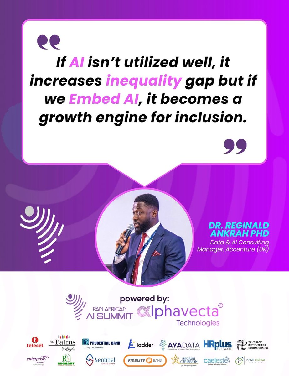 alphavecta's tweet photo. Dr. Reginald Ankrah PHD pointed out that unequal access to AI means unequal opportunities. Prioritize inclusive design, governance, and safeguards to avert deeper divides.#AlinAfrica, #AfricanDevelopment, #FutureOfAI #AlForAfrica, #PanAfricanAiSummit https://t.co/2QvUgl2XbI