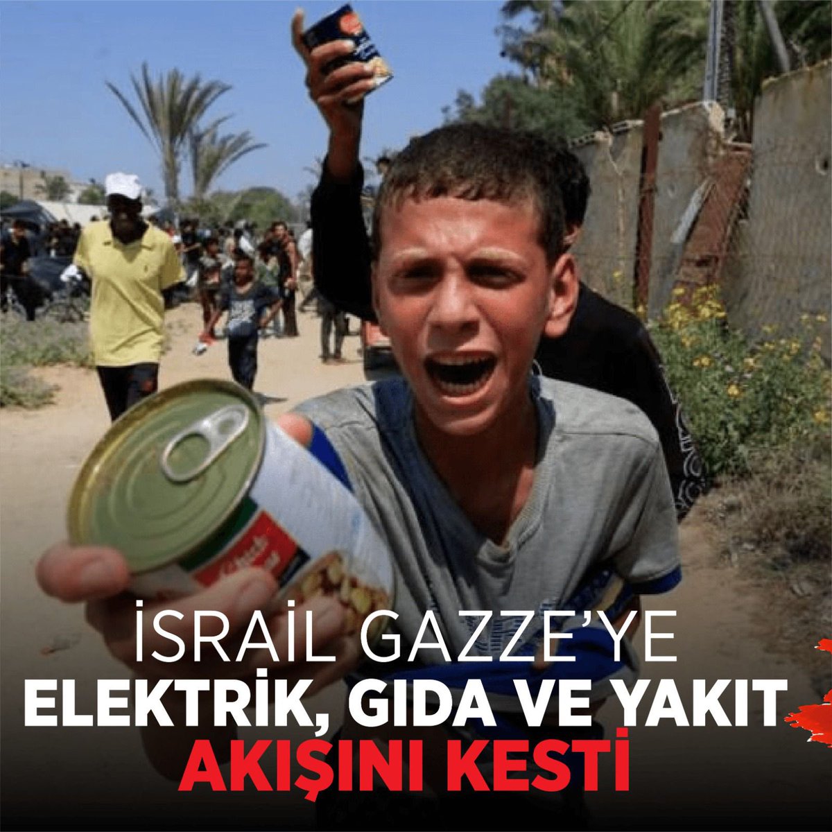 Katil İsrail, Gazze’ye elektrik, gıda ve yakıt ihtiyacını kesti. 

#PalestinesVoiceErdogan