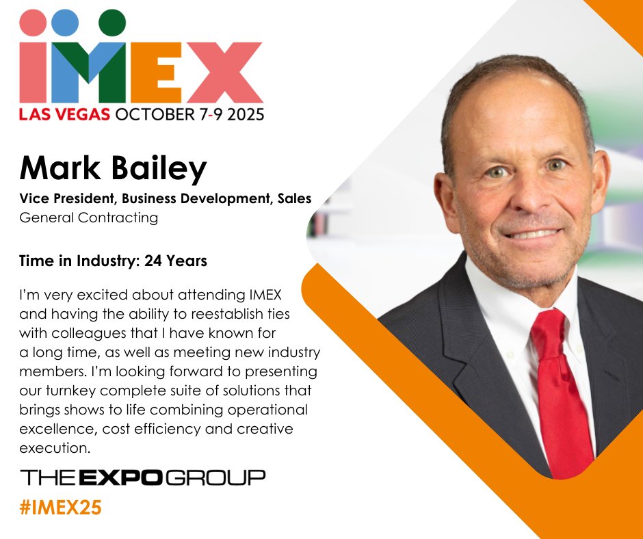 Connect with Mark Bailey, VP, Business Development at IMEX 2025! Our team is excited to meet with you! Schedule some time with us here: vist.ly/47uew

#IMEX25 #theexpogroup