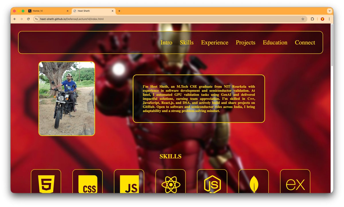 HeetSheth15's tweet image. Day 15 of #projectDefense 😎🔥
Aaj banaya baap level portfolio 💻
Saare concepts till now ek jagah pe 💯
Portfolio dekh aur rate kar honestly 👇
👉 heet-sheth.github.io/Defense/Lectur…
Thx Rohit Negi Bhaiya 🙌
x.com/rohit_negi9
Lecture: youtu.be/dMD8ceVzdQs?si…
#baapcoder