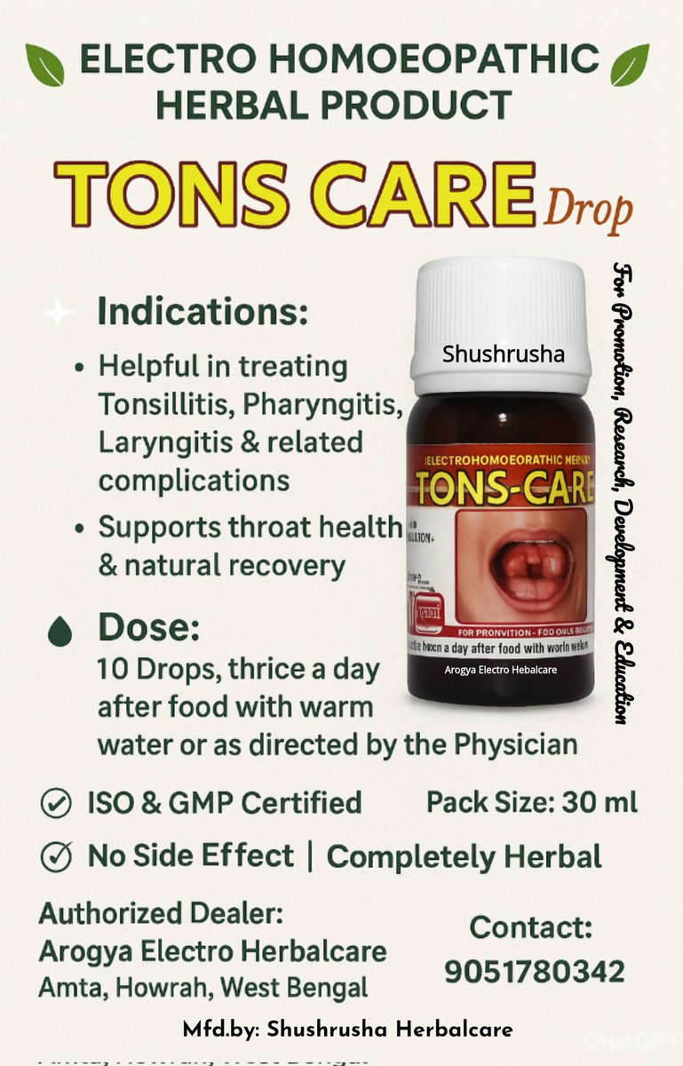 Arogyaelectro's tweet image. @Arogyaelectro 
ELECTRO HOMOEOPATHIC HERBAL PRODUCT

✨ TONS CARE Drop

✅ Indications:
🔹 Helpful in treating Tonsillitis, Pharyngitis, Laryngitis &amp;amp; related complications
🔹 Supports throat health &amp;amp; natural recovery
#tonsillitis 
#pharyngitis 
#laryngitis 
#throattreatment