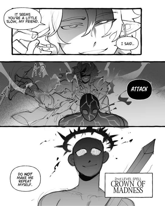 Thought about Chrysus's spell list and drew him casting it, starting with Crown of Madness :J

#oc #DnD 