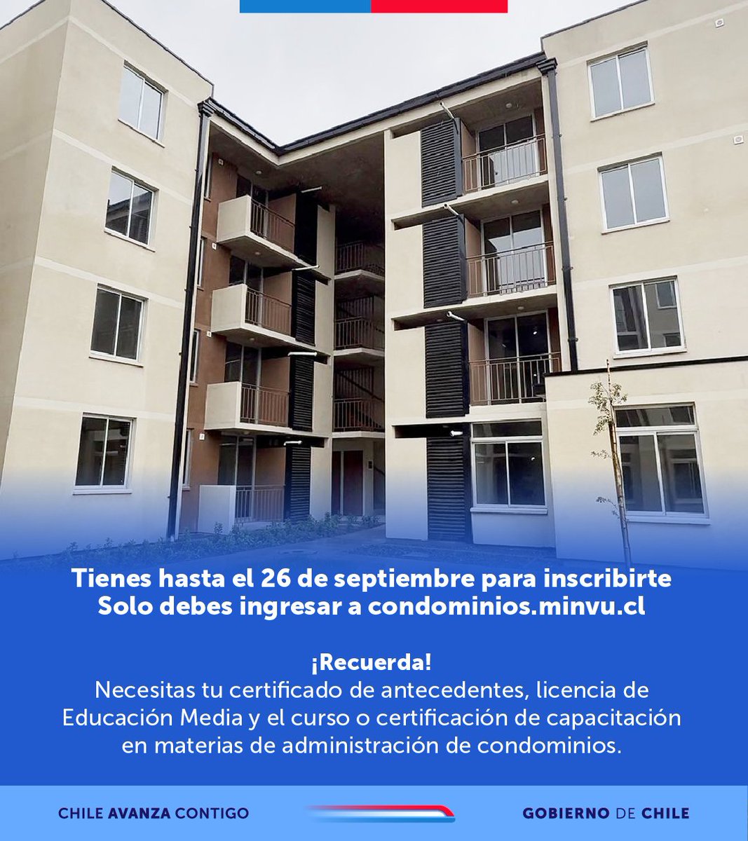🔑 ¡Quedan pocos días para que realices tu inscripción al Registro Nacional de Administradores de Condominios! 🏘️
Tienes hasta el 26 de septiembre para iniciar el proceso. Solo debes ingresar a condominios.minvu.cl con tu Clave Única y seguir los pasos 👩‍💻