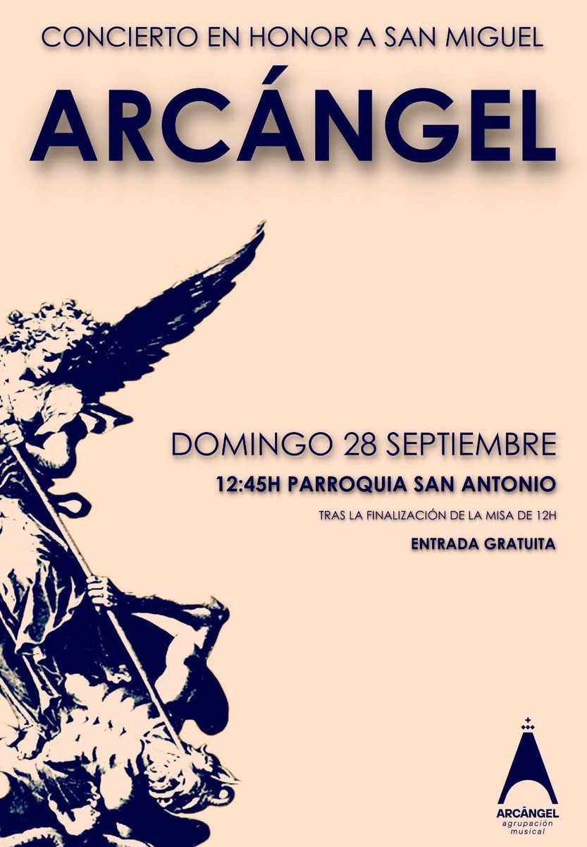 La Agrupación Musical San Miguel Arcángel celebrará la festividad de su patrón con un concierto 📯 el domingo 28 de septiembre a las 12:45 h en la Parroquia de San Antonio de Padua. 

Una cita gratuita donde revivirán parte de su repertorio de Semana Santa 🙌.