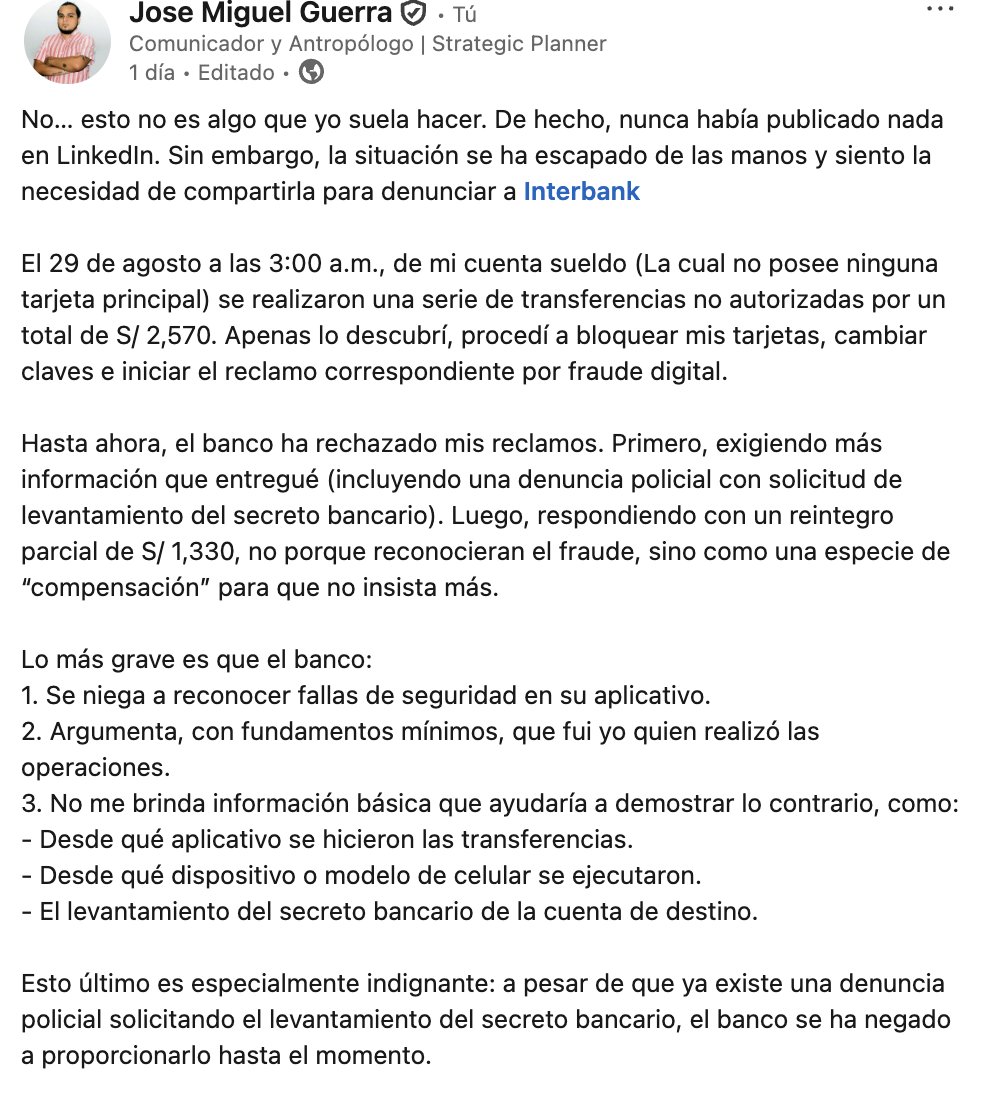 M_Shck's tweet photo. @mayenazol @interbank @interbank Necesito una solución inmediata a mi caso, por lo que se pueden ver en redes sociales, no es el único caso de vulnerabilidad de seguridad de su aplicativo. ¡Necesitamos una solución! https://t.co/yQOucojOTA