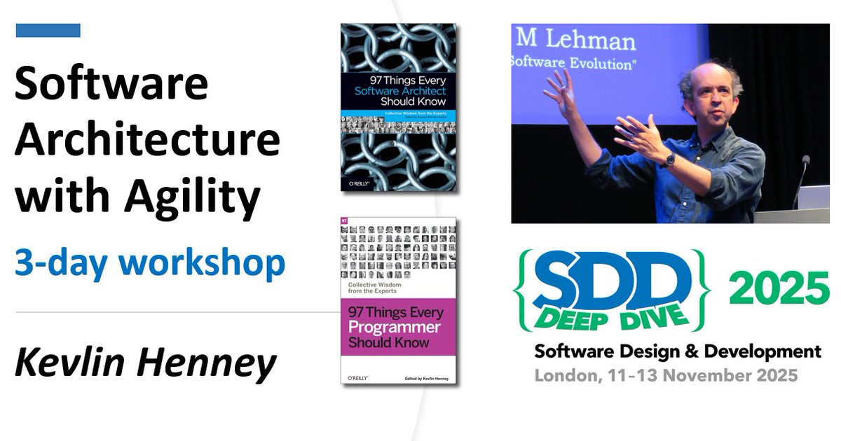 Software Architecture With Agility

3-day hands-on workshop with software architecture guru <a href="/KevlinHenney/">Kevlin Henney</a> at SDD Deep Dive (London, 11-13 November)

Click for full details of the agenda, &amp; book your place by 24th Oct to save £100:  sddconf.com/workshop/oWxYw…