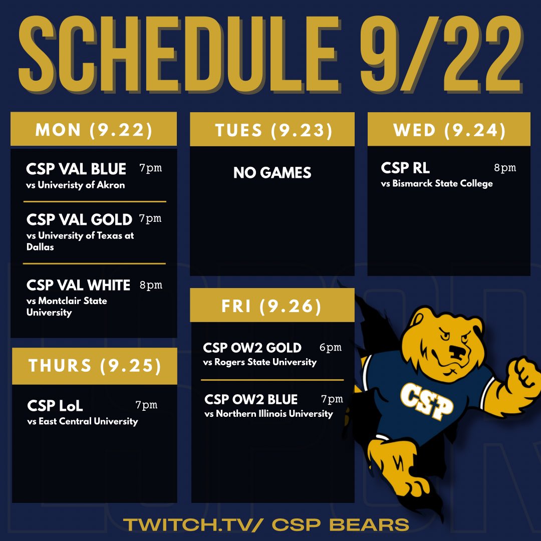 CSPEsports's tweet photo. Welcome back Golden Bears!
Tune into our teams’ first games of the season 
https://t.co/WVwk0RS6Cg https://t.co/uPPeQKYf9P