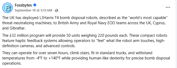 CyberpunkTTRPG's tweet image. U.K. Deploys World&apos;s Most Capable Bomb Disposal Robots With Hands That Have Human Like Touch #Robot #BombDisposalRobot #EODRobot #Cyberpunk #TTRPG #RPG