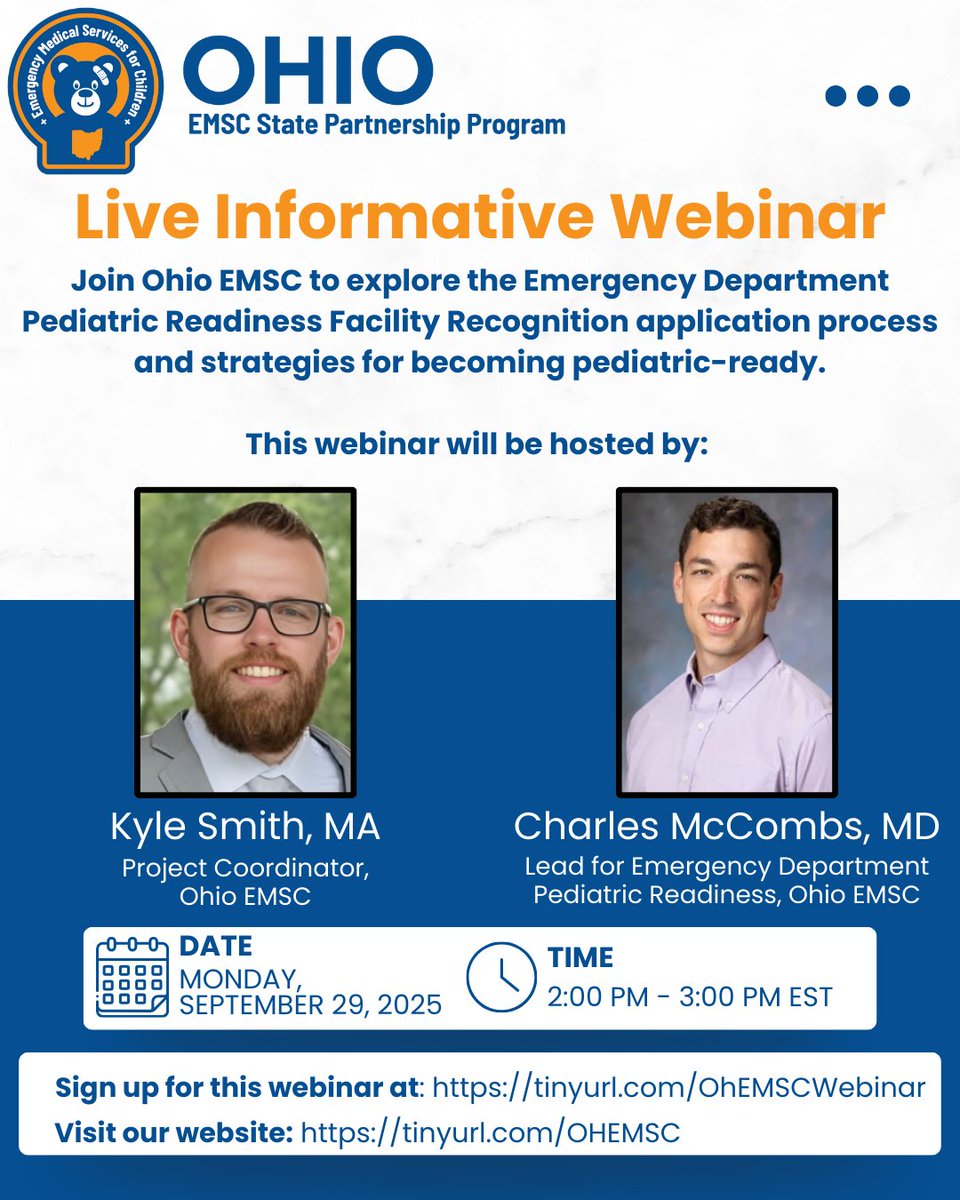 OhioEMSC's tweet photo. Less than 1 week to go! Register for Ohio EMSC’s webinar on our ED Pediatric Readiness Facility Recognition Program and learn how your facility can become pediatric-ready.  #EMSC #OhioEMSC #PediatricReadiness #EmergencyDepartment https://t.co/CencObhmct