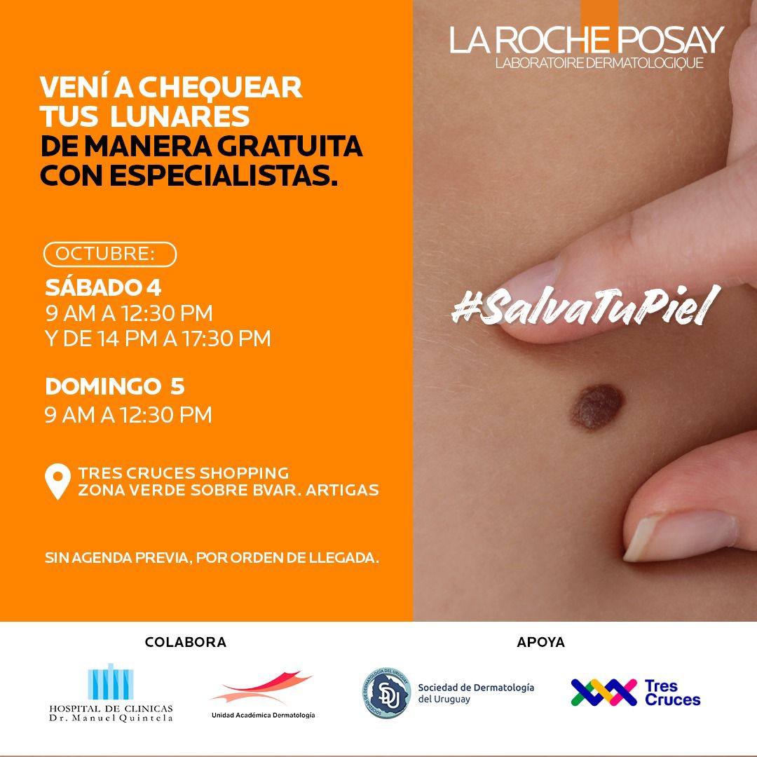 Chequeá tus lunares con especialistas de manera gratuita.

Sábado 4 de octubre de 9 a 12:30 y de 14 a 17:30 y el y domingo 5 de 9 a 12:30 en Shopping Tres Cruces.

El chequeo se realiza sin agenda previa, por orden de llegada.