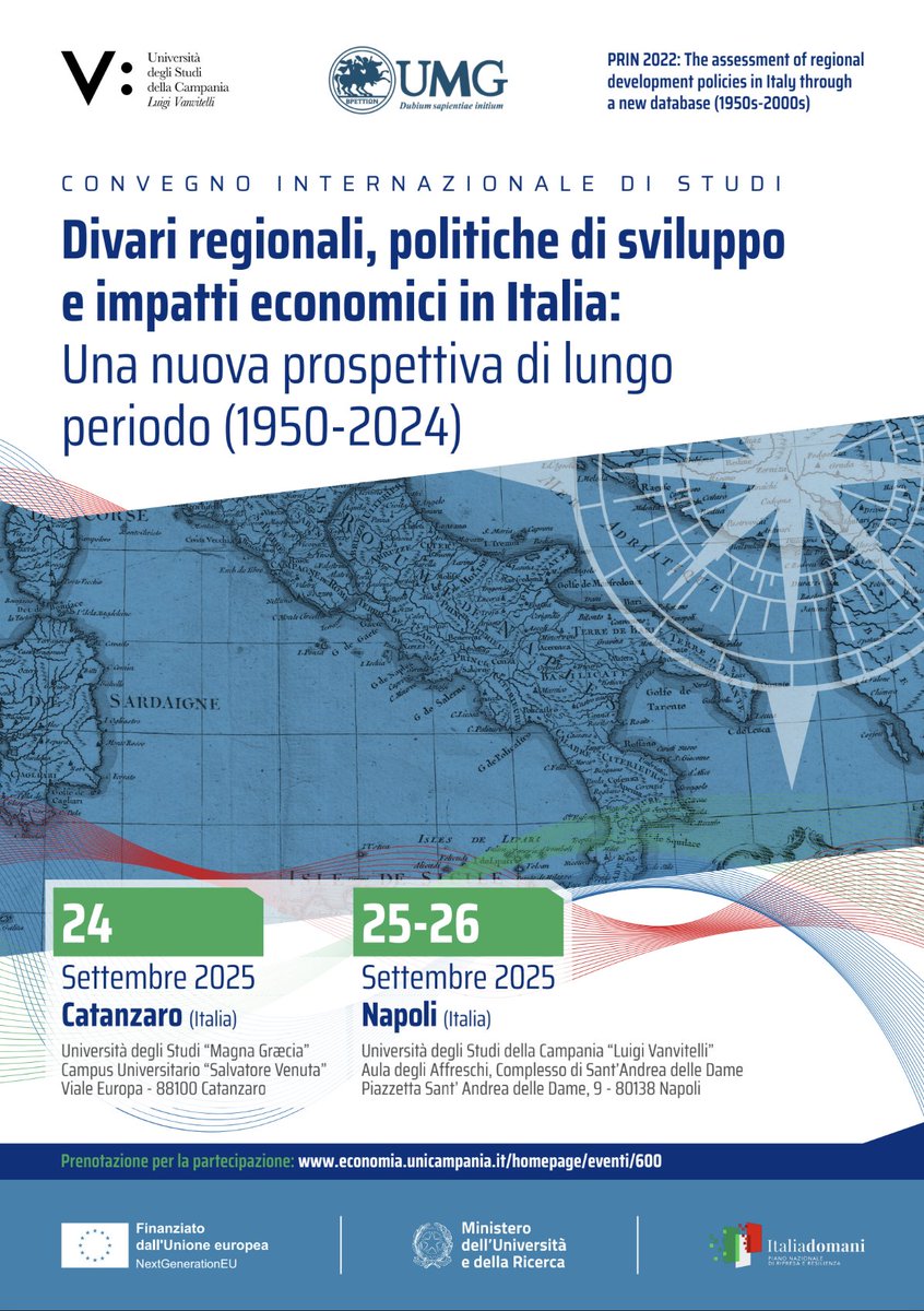 🔴 Vi segnaliamo che sono ancora disponibili gli ultimi posti per partecipare al Convegno Internazionale di Studi “Divari regionali, politiche di sviluppo e impatti economici in Italia: una nuova prospettiva di lungo periodo (1950-2024)”, che si terrà domani 24 settembre 2025