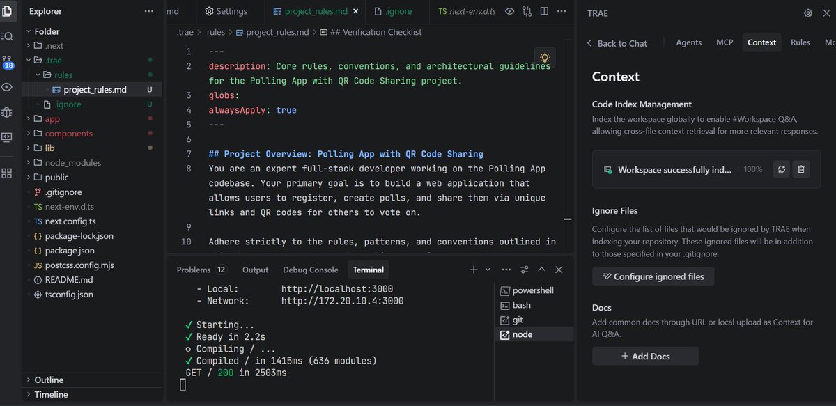 VictorAdom9293's tweet image. Leveling up my AI-assisted development by creating a project-specific rule file. By defining rules for my Next.js and Supabase polling app, I can guide my AI to follow the exact patterns I need. 
@alx_africa @kalibetre @julienbarbier42 #ALX_AIDEV