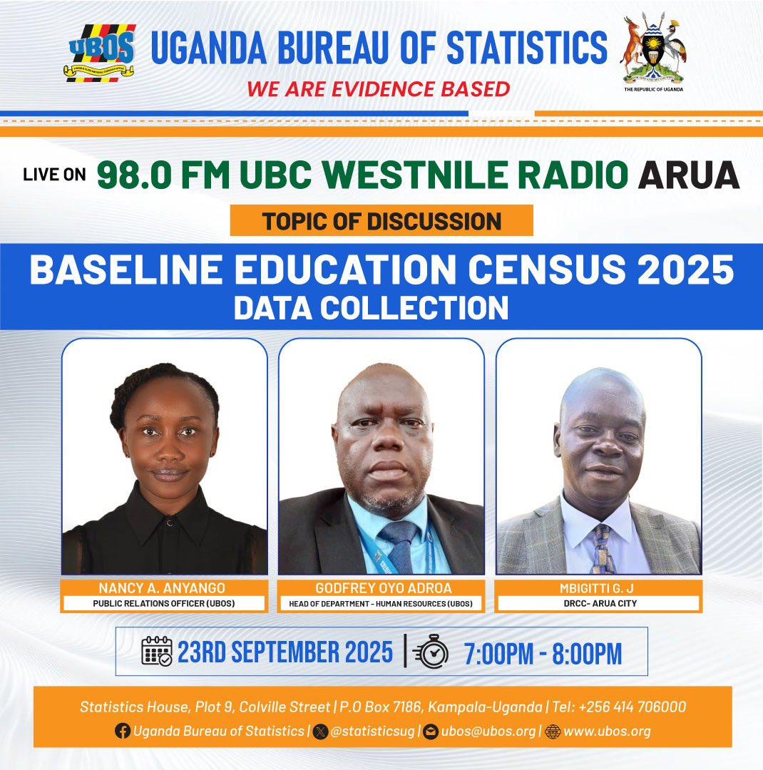IrynKabatesi's tweet image. This evening, join Mr. Godfrey Oya Adroa (Head of HR - UBOS), Mr. Mbigitti G.J (Deputy Resident City Commissioner), and Ms. Nancy Anyango (PRO UBOS) as they discuss the ongoing #BEC2025 data collection.

📻 98.0 FM UBC West Nile Radio Arua
⏰ 7–8pm

#UBOS #DataForDevelopment