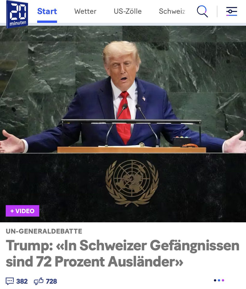 Braucht es wirklich <a href="/realDonaldTrump/">Donald J. Trump</a> , der uns wachrüttelt? Er hat recht: 79% #Ausländeranteil in U-Haft und 72.5% in #Gefängnissen bei einem totalen Ausländeranteil von 27.4% sind peinlich für die Schweiz. Wenn wir nicht handeln, gehen wir unter.

Quelle: watson.ch/schweiz/justiz…