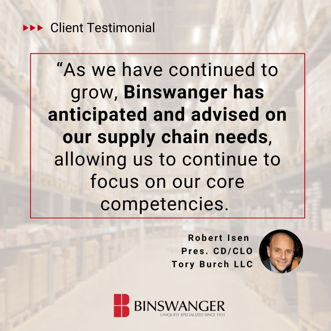 Helping clients stay focused on what matters most — that’s our role. We’re proud to support companies like Tory Burch with supply chain and real estate expertise.

#TestimonialTuesday #CRE #SupplyChain