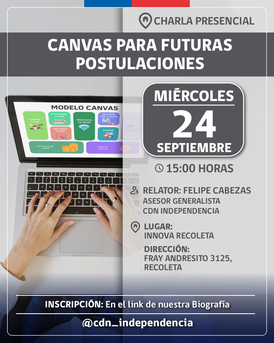 CHARLA “CANVAS PARA FUTURAS POSTULACIONES”
Se realizara para orientar la confección de postulaciones a los fondos concursables del año 2026
Es el miércoles 24  septiembre,  a  las 15.00hrs 
 Dirección: Av. Fray Andresito 3125. Recoleta. 
Ingresa a  @@cdn_independencia  y postula.