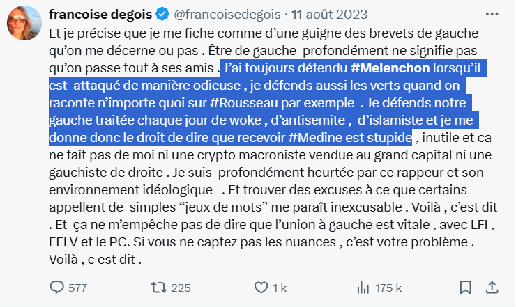 razoor777's tweet image. La Françoise Degois d'avant.
Vous avez basculé dans ce que vous reprochiez à d'autres il y a peu. Relisez-vous, c'est frappant.
#Démonisation