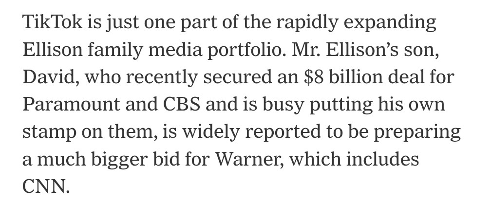 AndrewCurran_'s tweet image. Larry Ellison is closing in on potentially controlling Paramount, Warner, TikTok, CBS and CNN.
