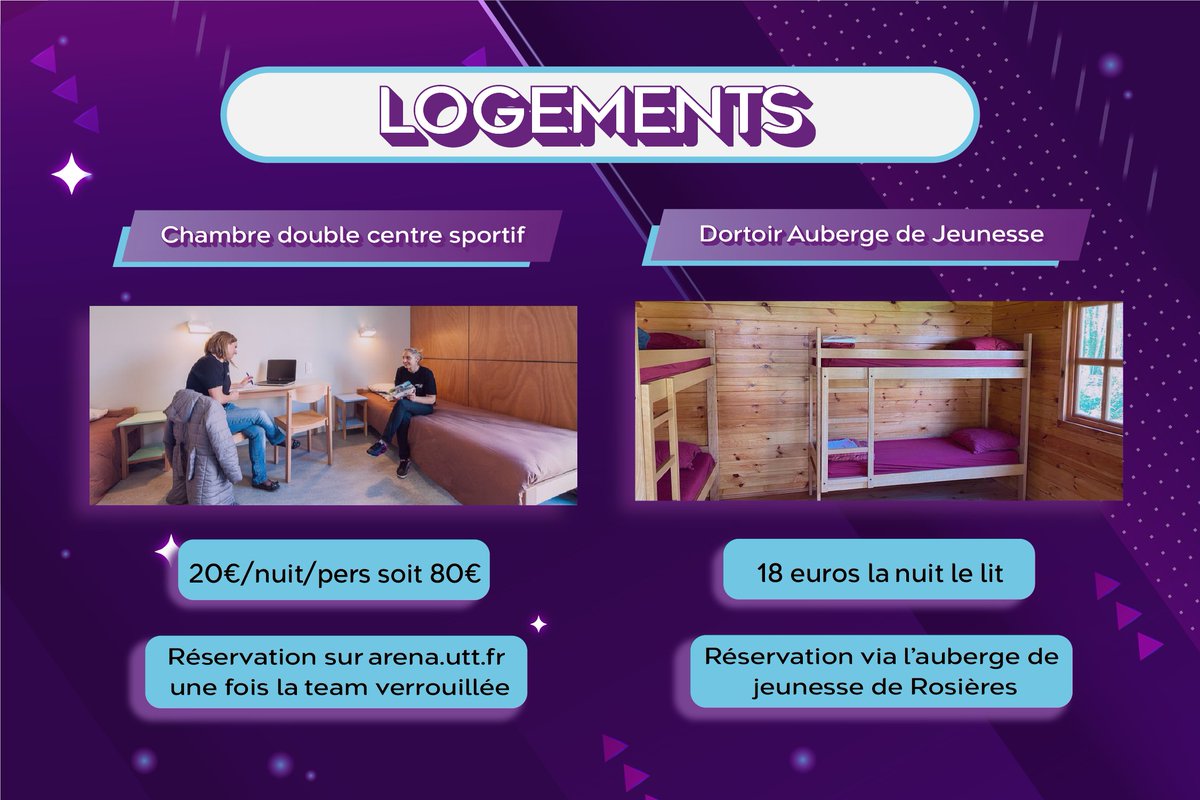 UTTArena's tweet image. Offres de logement pour l&apos;UA25 

Option 1 : chambre double
-80€ les deux nuits pour deux
-réservation sur arena.utt.fr

Option 2 : lit dans un dortoir à l&apos;auberge de jeunesse de Rosières
-pour l&apos;UTT Arena, tarif réduit à 18€ par nuit
-réservation via l&apos;auberge