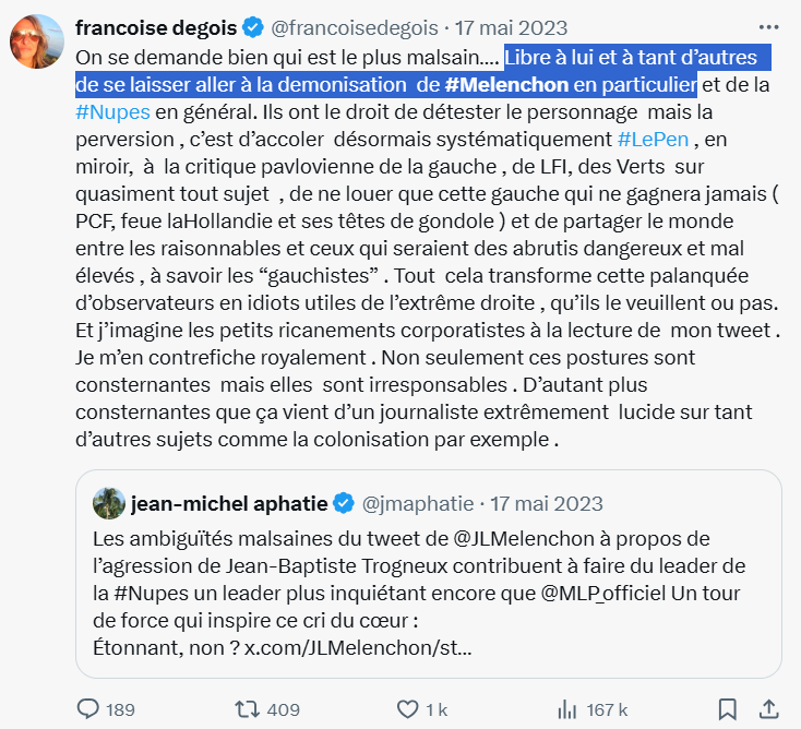 razoor777's tweet image. La Françoise Degois d'avant.
Vous avez basculé dans ce que vous reprochiez à d'autres il y a peu. Relisez-vous, c'est frappant.
#Démonisation