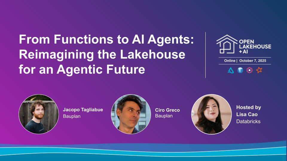 unitycatalog_io's tweet image. On Tuesday, October 7 at 9AM PT, join @GreCo_CiRo and @jacopotagliabue of @Bauplan_labs for the next Open Lakehouse + AI webinar: “𝗙𝗿𝗼𝗺 𝗙𝘂𝗻𝗰𝘁𝗶𝗼𝗻𝘀 𝘁𝗼 𝗔𝗜 𝗔𝗴𝗲𝗻𝘁𝘀: 𝗥𝗲𝗶𝗺𝗮𝗴𝗶𝗻𝗶𝗻𝗴 𝘁𝗵𝗲 𝗟𝗮𝗸𝗲𝗵𝗼𝘂𝘀𝗲 𝗳𝗼𝗿 𝗮𝗻 𝗔𝗴𝗲𝗻𝘁𝗶𝗰 𝗙𝘂𝘁𝘂𝗿𝗲!”

Why…