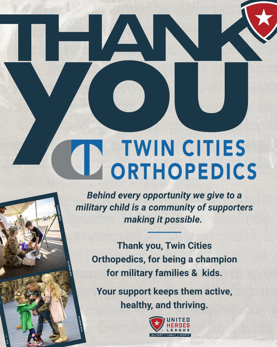 Behind every opportunity we give to a military child is a community of supporters making it possible. Thank you, <a href="/twincitiesortho/">Twin Cities Orthopedics</a> , for helping kids in military families stay active, healthy, and thriving! 🇺🇸
#UnitedHeroesLeague #MilitaryKids #ThankYou