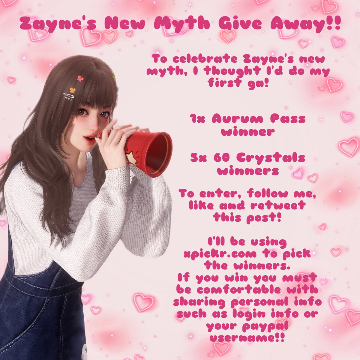 hii everyone~ 

to celebrate zayne’s new myth im doing my first ga!

1x aurum pass winner 
5x 60 crystals winners 

to enter: 
follow me (if this does well i’ll probably do another ga in the future!)
like this post 
rt this post

drawing on the 28th 6pm GMT
