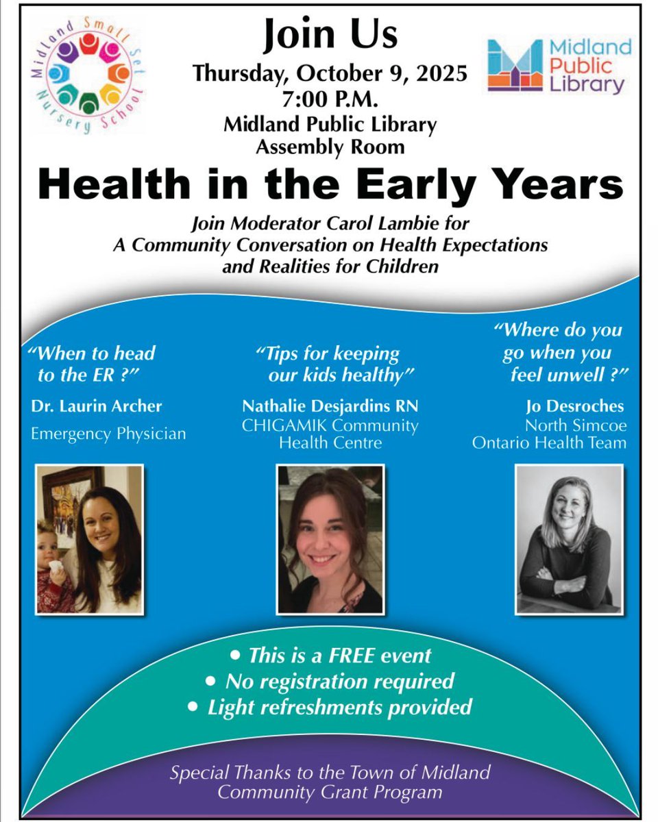 CHIGAMIK's tweet image. 🌟 You're Invited! 🌟

Health in the Early Years
📅 Oct 9, 2025 | 🕖 7 PM
📍 Midland Public Library

Free community event on children’s health—come listen, share &amp;amp; join the conversation! 💙 

#NorthSimcoeOHT #CHIGAMIK #GBGH #CommunityConversation #ChildHealth #MidlandON