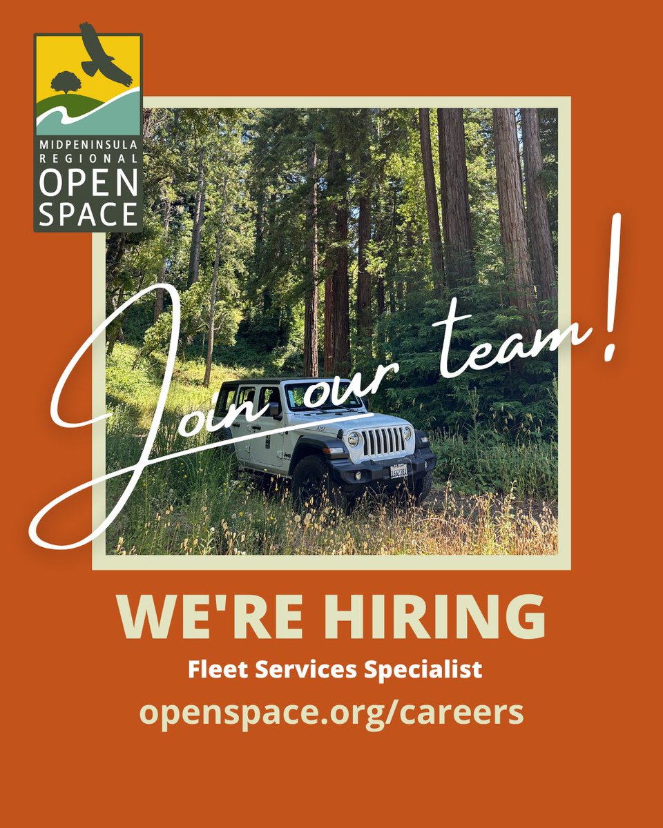 Midpen Open Space (@midpenopenspace) on Twitter photo Midpen is seeking a fleet services specialist. The ideal candidate will oversee the full cycle of our vehicle and equipment fleet, from acquisition and financing to maintenance, compliance, and replacement.
Learn more and apply: bit.ly/46PKRKa
📷: Frances Freyberg Midpen is seeking a fleet services specialist. The ideal candidate will oversee the full cycle of our vehicle and equipment fleet, from acquisition and financing to maintenance, compliance, and replacement.
Learn more and apply: bit.ly/46PKRKa
📷: Frances Freyberg