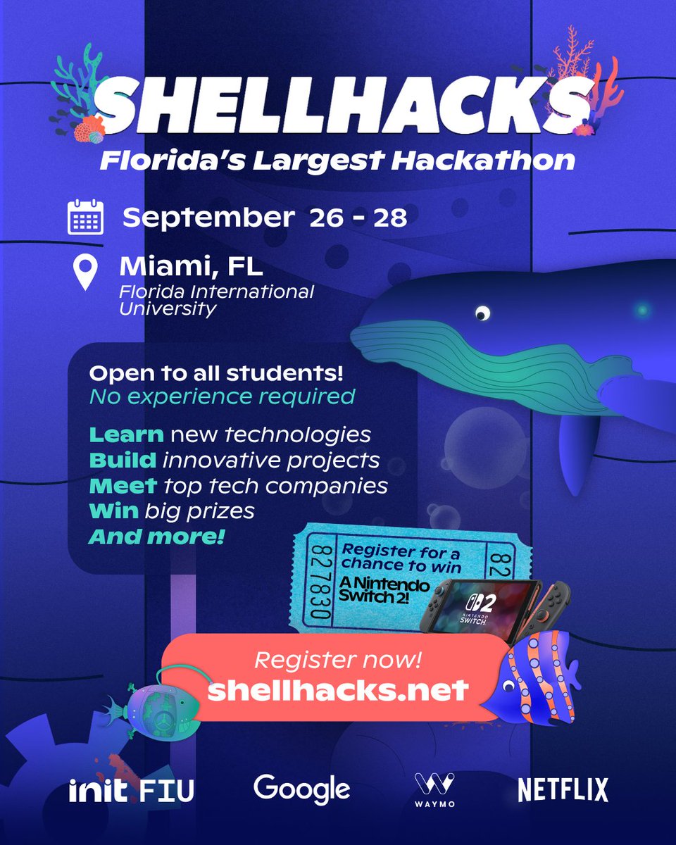 startupfiu's tweet image. 🚨 Big News! 🚨
StartUP FIU is proud to be a Community Partner for #ShellHacks 2025 🎉 Florida’s LARGEST hackathon is back Sept 26–28 @ FIU with 1,400+ students, prizes, swag & endless opportunities!
💻 Apply by Sept 15 👉 shellhacks.net