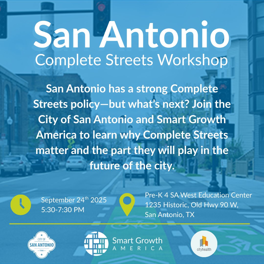 Want to learn more about San Antonio's Complete Streets policy and what's going to happen next??

Join the @cosagov, @smartgrowthusa, &amp; <a href="/city_health/">CityHealth</a> for their Complete Streets Implementation Training Workshop!

🔗 Registration Link: ow.ly/mS5250X0Cxb