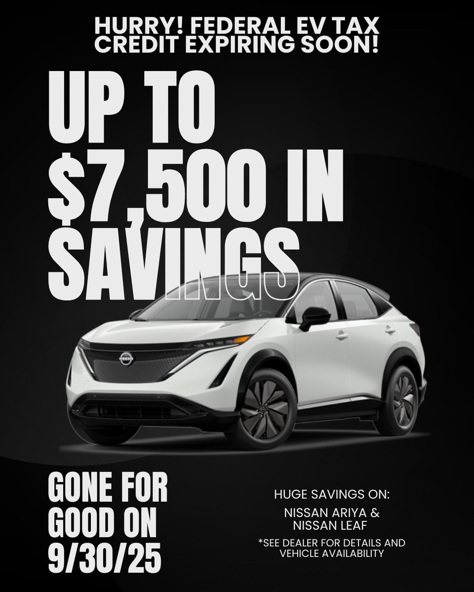 FoCoNissan's tweet photo. Don’t sleep on the savings! If you’ve been thinking about an #EV, make sure you come see us before the federal EV tax credit expires. Did you know you get that up front as a discount when you lease? Don’t leave that money on the table. Stop by and see us at #FoCo #Nissan today! https://t.co/xkdH6eJPbH