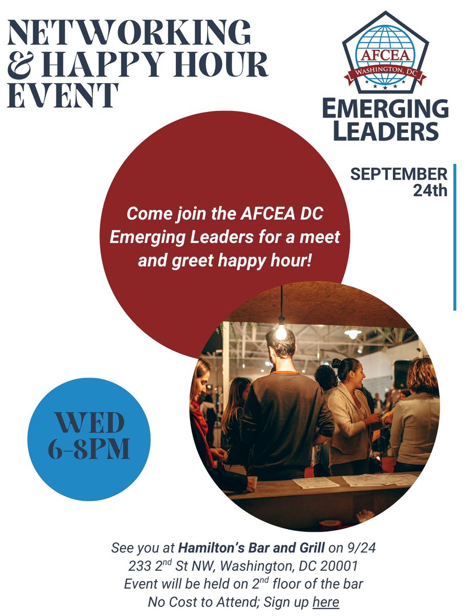 TOMORROW is the AFCEA DC Emerging Leaders Happy Hour - we hope to see you there! 🍻

📍 Hamilton’s Bar &amp; Grill, 233 2nd St NW, 2nd Floor
📅 Tuesday, September 24 at 6:00pm

Stop in, grab a drink, and meet new connections—RSVP if you can attend! 
forms.office.com/r/qV7gjS8FJ4