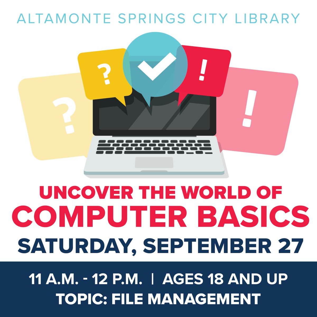 CityofAltamonte's tweet image. Organize with confidence! 💻 Join us at the #CityLibrary for #ComputerBasics on September 27 at 11 a.m. to learn about File Management. Keep your digital files neat, easy to find and safe to use. It&apos;s perfect for beginners. No experience is required. More details:…