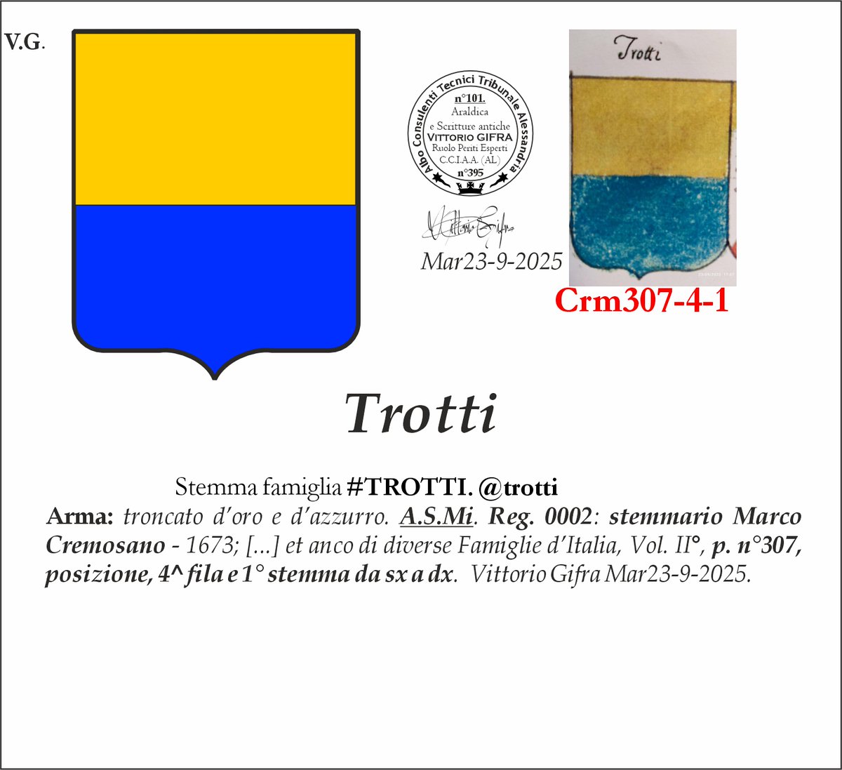VGIFRA's tweet photo. Stemma famiglia #TROTTI. @trotti
Arma: troncato d’oro e d’azzurro. A.S.Mi. Reg. 0002: stemmario Marco Cremosano - 1673; [...] et anco di diverse Famiglie d’Italia, Vol. II°, p. n°307, posizione, 4^ fila e 1° stemma da sx a dx.  Vittorio Gifra Mar23-9-2025. https://t.co/hj3D02FDmi