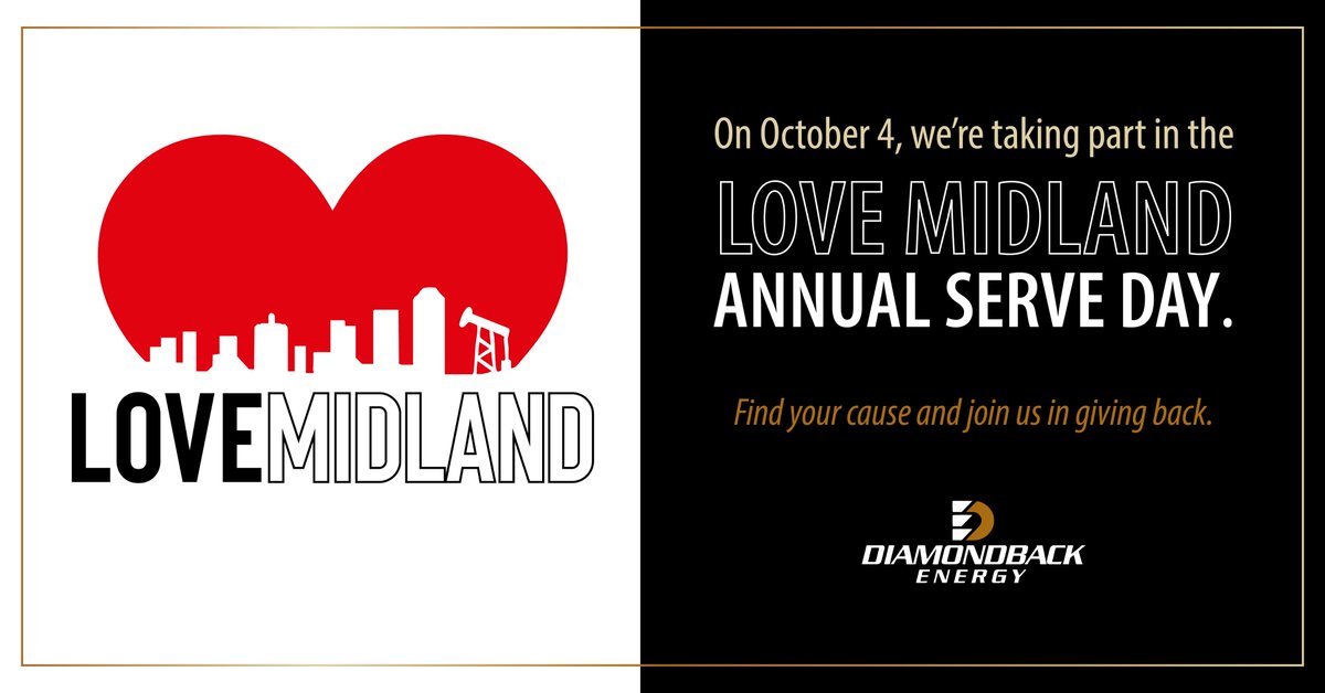 Giving back is rooted in Diamondback culture. Our employees stack hands year-round to build up our communities.

Join us on October 4 for Love Midland's Annual Serve Day to support over 40 local non-profits and make an impact across our city!

❤️Find your cause. Get involved.