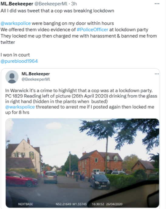 BeekeeperMl's tweet photo. @64bitAtheist @TheGriftReport @WeAreFairCop @SpeechUnion #2TierPolice have always looked after each other
All we're seeing now is more video footage of #Staz doing wrong
@warkspolice attested me to protect #Police breaking lockdown
I won in court 2 years later but they banned me from posting about them on Social Media during #COVID https://t.co/ty3Q3M74So