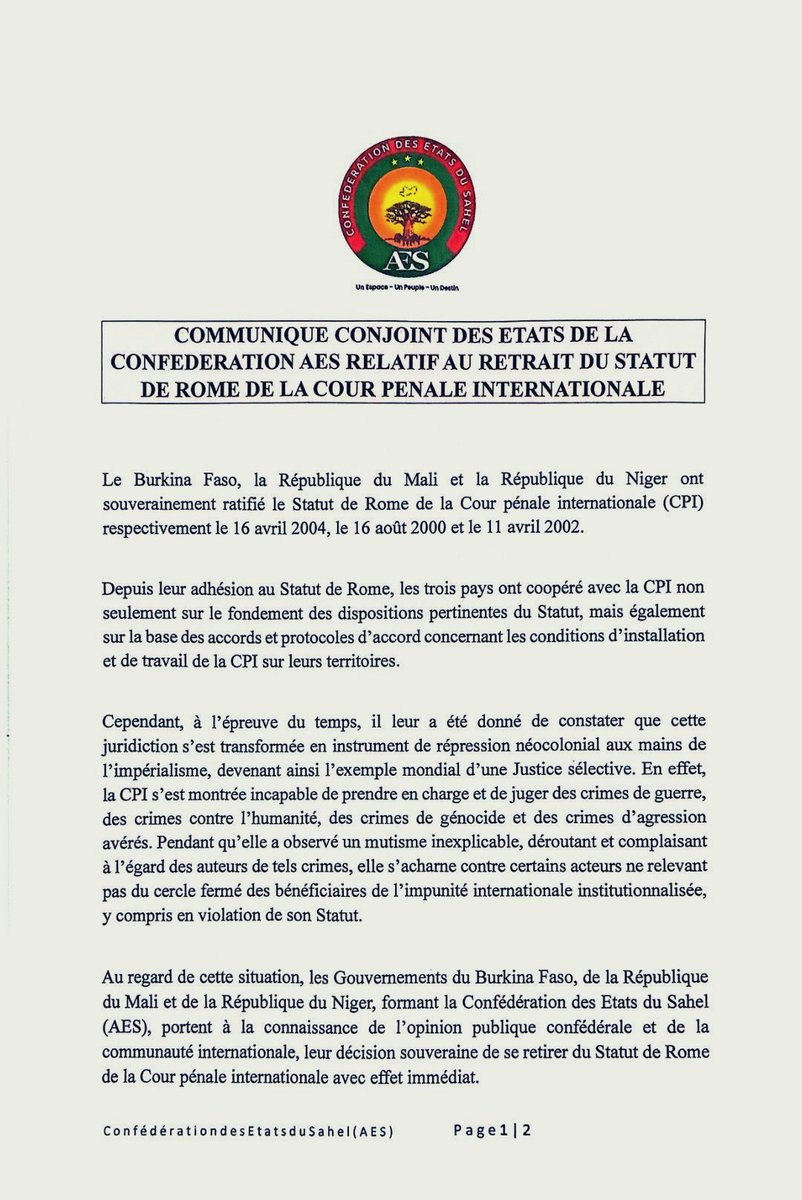 Nath_Yamb's tweet photo. Je n’aurai jamais assez de reconnaissance envers les États qui concrétisent nos aspirations! Bravo et merci au Burkina Faso, au Mali et au Niger qui se retirent du Statut de Rome et refusent de continuer à prendre part à la farce appelée CPI. https://t.co/sKI2wH6WwQ