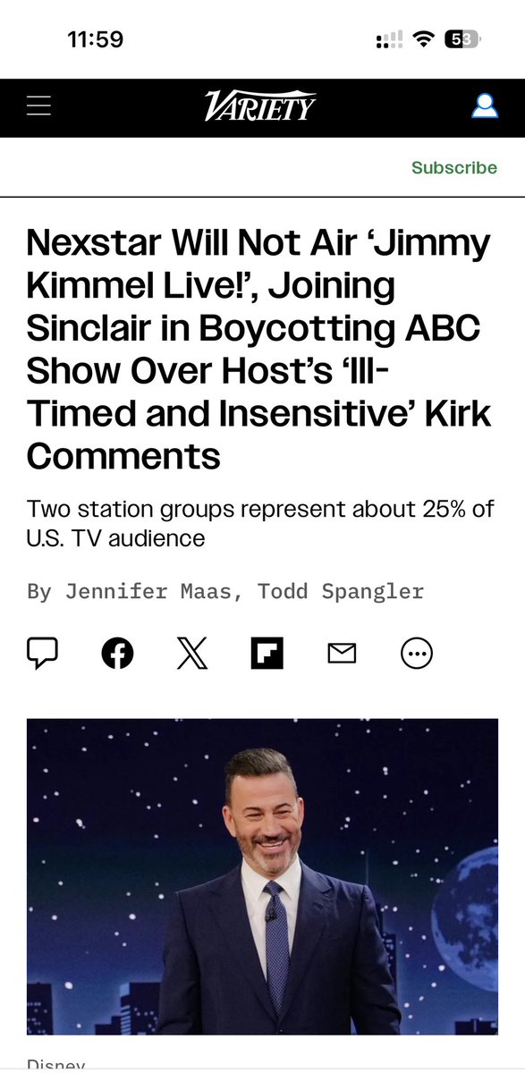 Mark1v17's tweet image. Breaking News - Yeah, Disney brought Kimmel back 

BUT - Nexstar and Sinclair - two of the biggest TV station groups in the country - just said NOPE. That’s 66 ABC stations refusing to air him and 25% of the U.S. audience gone. 

#KimmelIsBack #FreedomOfSpeech #politics