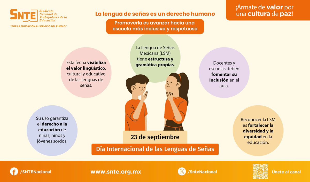 ¡Á𝕣𝕞𝕒𝕥𝕖 𝕕𝕖 𝕧𝕒𝕝𝕠𝕣 𝕡𝕠𝕣 𝕦𝕟𝕒 𝕔𝕦𝕝𝕥𝕦𝕣𝕒 𝕕𝕖 𝕡𝕒𝕫!

🌍✨ En el Día Internacional de las Lenguas de Señas, reconozcamos la importancia de integrar este idioma visual en la educación.🏫
¡Regístrate y únete! 
👉snte.org.mx/cultura-paz/
#aprendiendoaconvivir