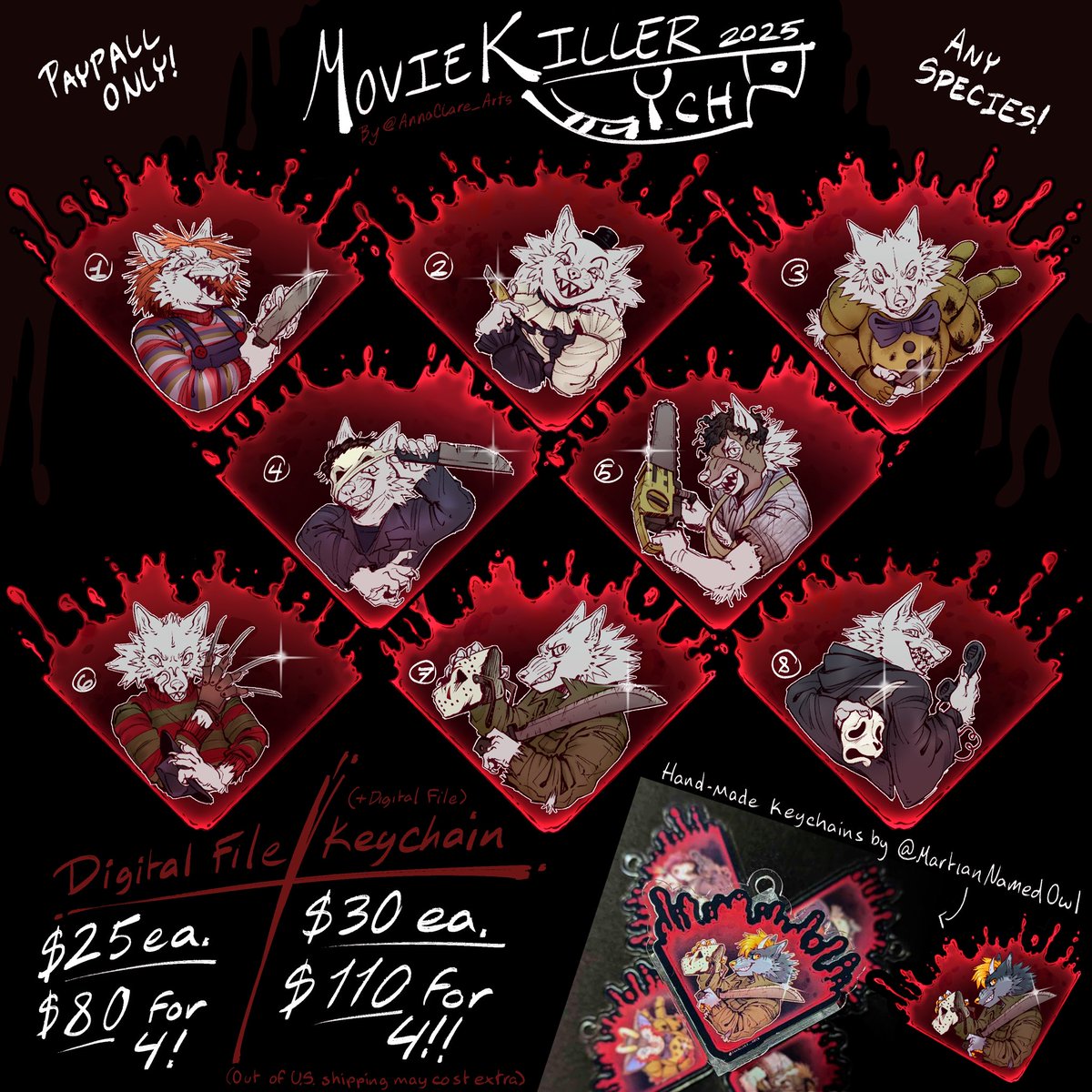 Movie Killer Ychs for the Halloween season (2025 ver!)🔪💥
 
🩸Unlimited slots till Halloween!
🩸Both Digital &amp; keychain ver. available! 
🩸PayPal only &amp; Any Furry Species!

Dm me if you’re interested, Rts are appreciated &lt;3 
#Halloween #ych