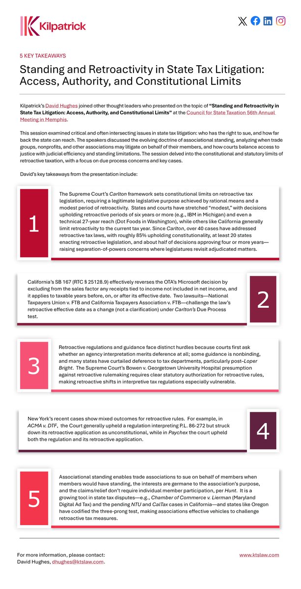 5 Key Takeaways | Standing and Retroactivity in State Tax Litigation: Access, Authority, and Constitutional Limits

Read more from David Hughes:  buff.ly/7ZGgVmQ