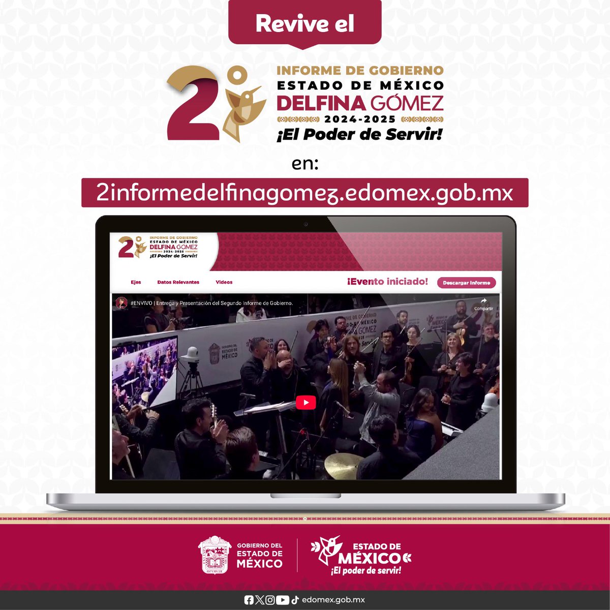 #DelfinaInforme | Este 22 de septiembre tuvo lugar el mensaje de la Gobernadora <a href="/delfinagomeza/">Delfina Gómez A.</a> con motivo de su Segundo Informe de Gobierno. Esta rendición de cuentas puedes volver a verla en el sitio: 

2informedelfinagomez.edomex.gob.mx. 

#ElPoderDeServir