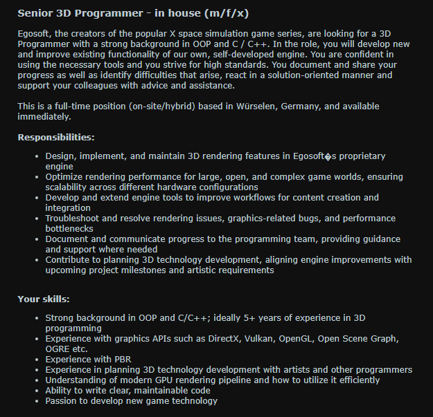 We're hiring! 🚀
EGOSOFT is looking for a Senior 3D Programmer.

🔗 egosoft.com/company/jobs_e…
📧 Interested? Contact us at jobs@egosoft.com