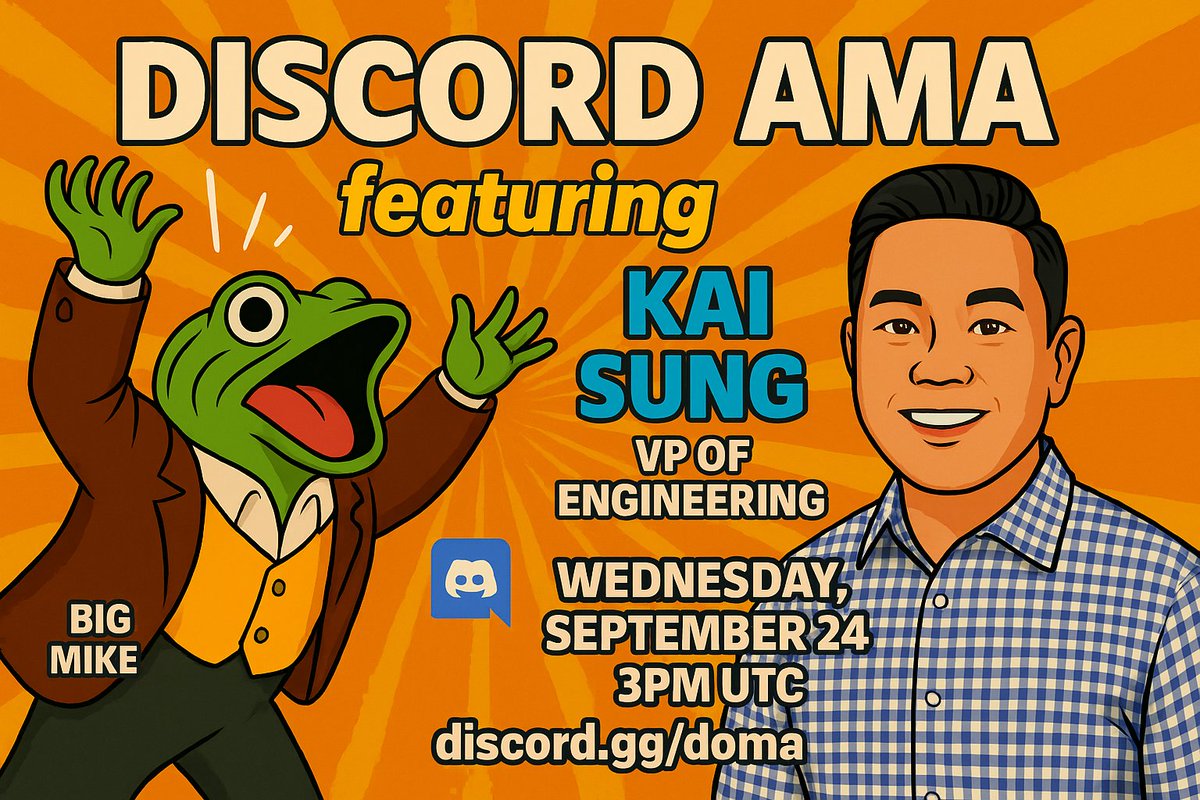 Discord AMA with Kai Sung (VP of Engineering @ Doma/D3) 📢

Kai will be answering your questions + giving a peek at something new coming to Doma 👀

📅 Sept 24 · 3PM UTC
📍 discord.gg/doma
🔥 Best Qs earn DOD + Dopaminter roles

Join us 👇