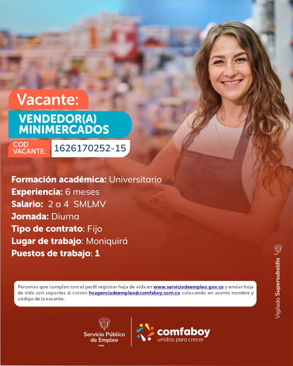La Agencia Pública de Empleo de COMFABOY requiere postular personal para vacantes ofertadas por las empresas inscritas como oferentes y empleadores a esta Caja de compensación. Recuerda que encontrarás un listado más amplio en comfaboy.org
#ComfaboyUnidosParaCrecer