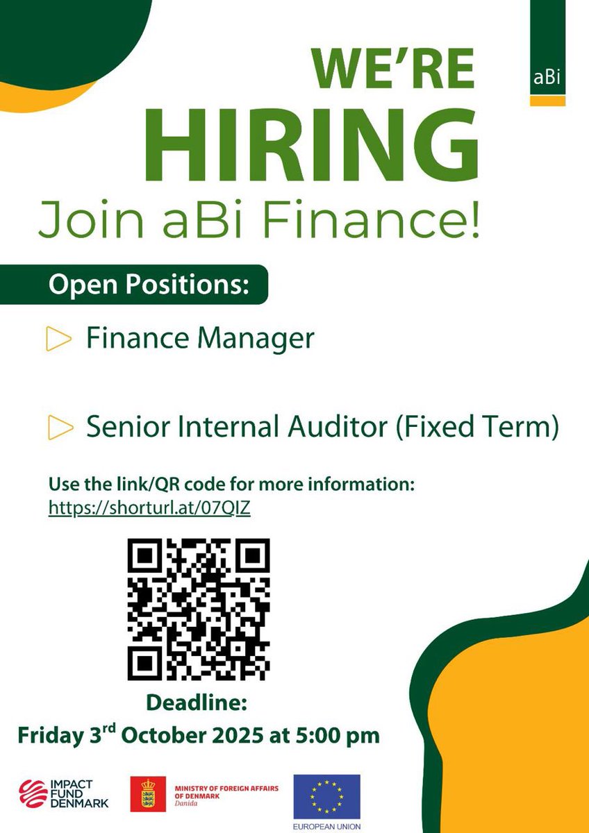 #WeAreHiring 

aBi Finance is seeking talented professionals to join our team!

We have two exciting opportunities open:
✨ Finance Manager
✨ Senior Internal Auditor

📌 Find the detailed job descriptions and apply here: shorturl.at/07QIZ