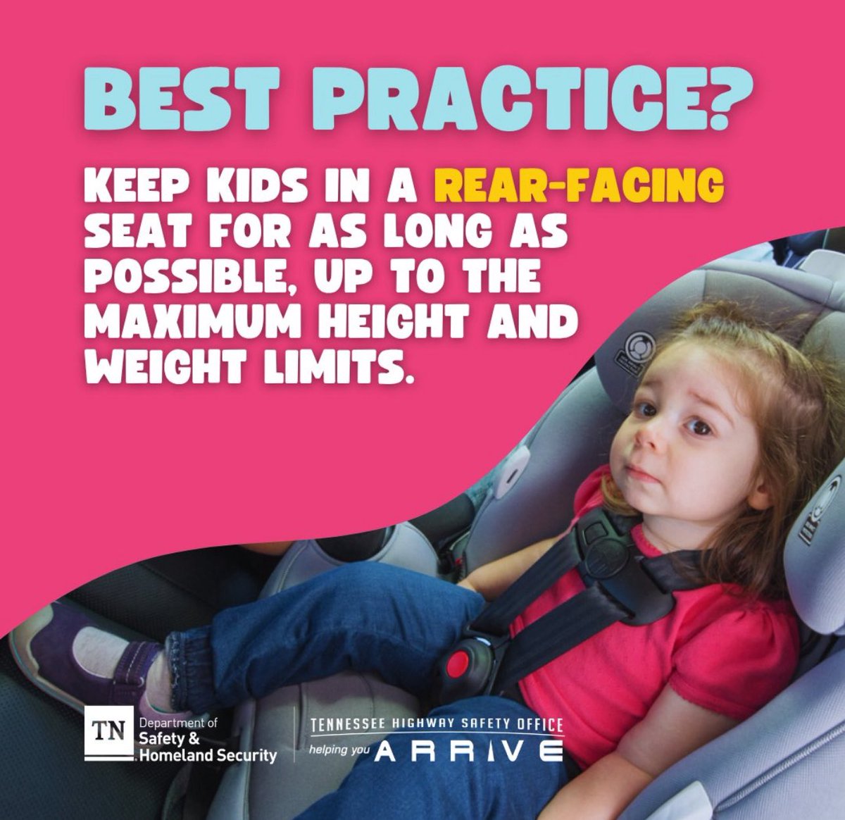 Rear-facing is safest! Keep kids in a rear-facing seat for as long as possible. That is, until they hit the height or weight limit listed on your car seat.

Learn more at CarSeatSafety.Kids
#TNCPSWeek