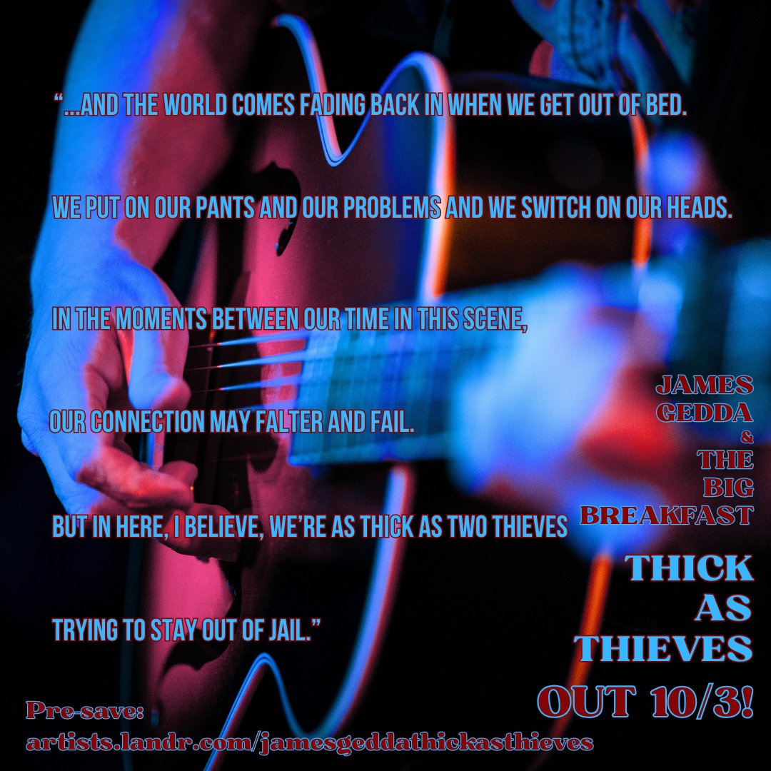 "Thick As Thieves," the next Big Breakfast single, is out on 10/3, the same day as our big show at Burn 'Em Brewing! Pre-save the single at the link in my profile, then save the date on your calendars and come out to Burn 'Em at 6:30!